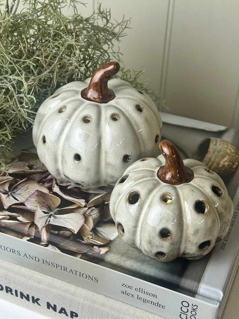 Ceramic rustic two tone autumn Halloween pumpkin LED lit 2 sizes
