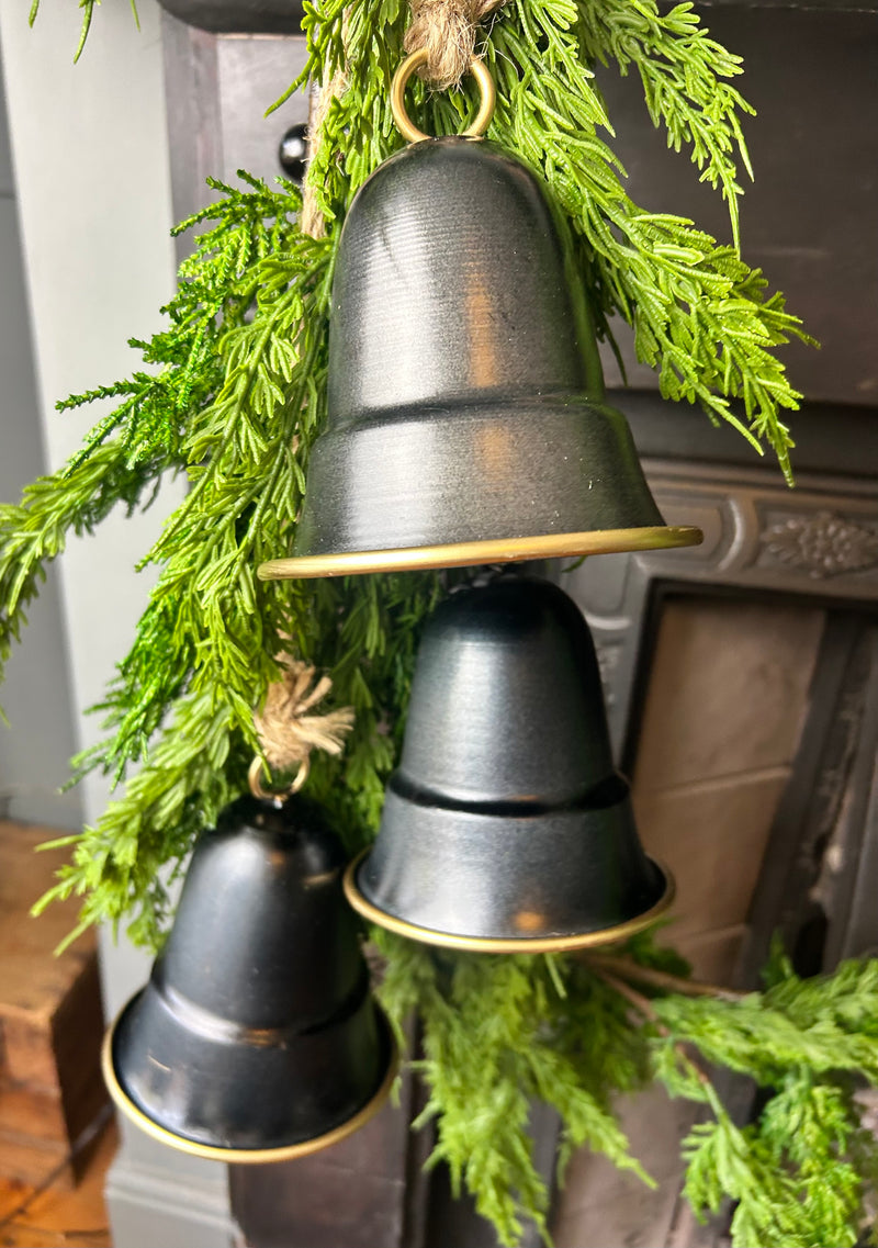 Set of 3 Hanging Pewter black gold Bells on Rope