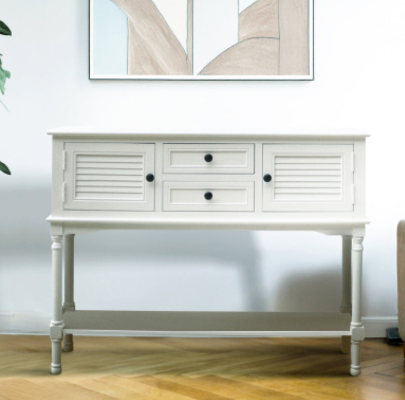White console cupboard table with shelf