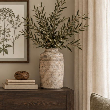 Tall stone rustic vase with ribbing