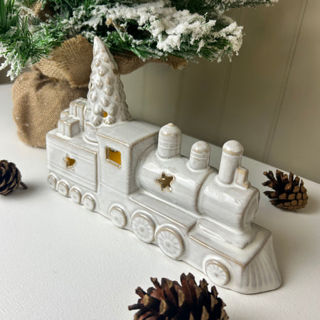 LED Rustic White Ceramic Christmas Train