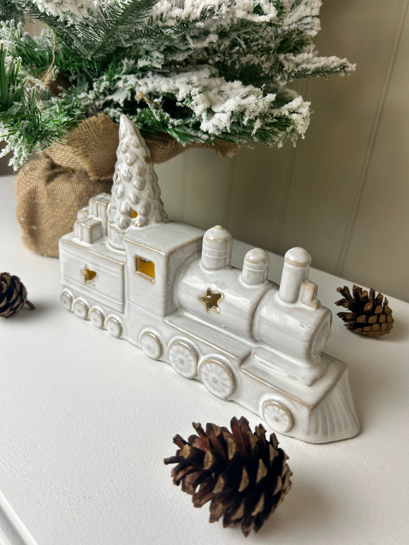 LED Rustic White Ceramic Christmas Train