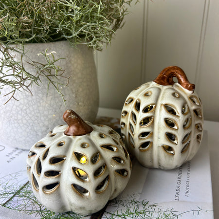 Neutral Two Tone LED Light up Ceramic Pumpkins, 2 Sizes