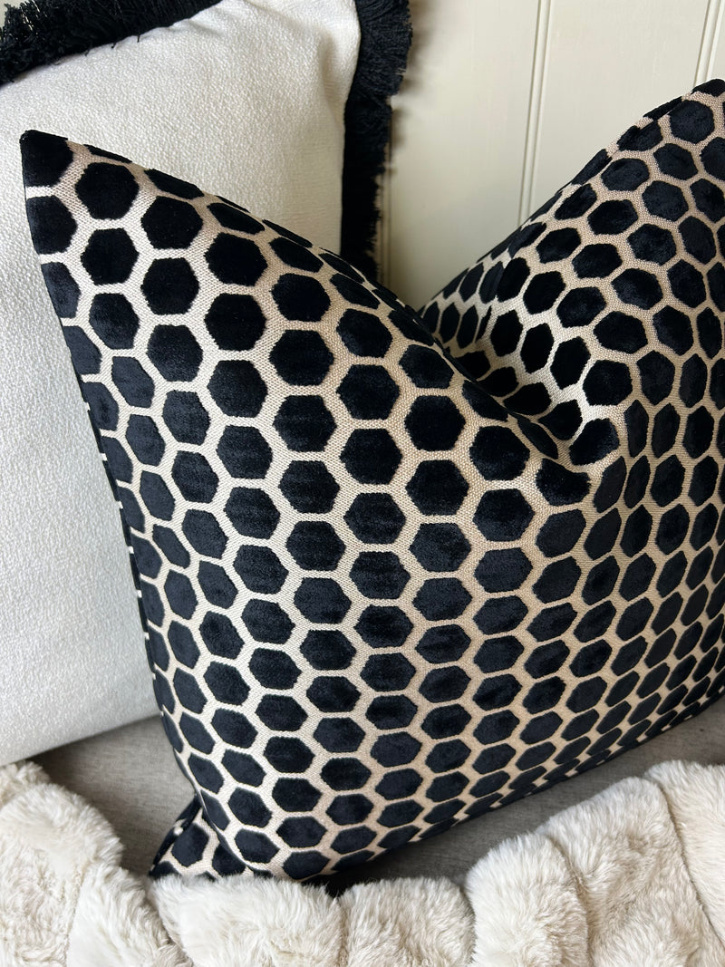 Black Natural printed textured Jorvik hex luxury cushion 43cm