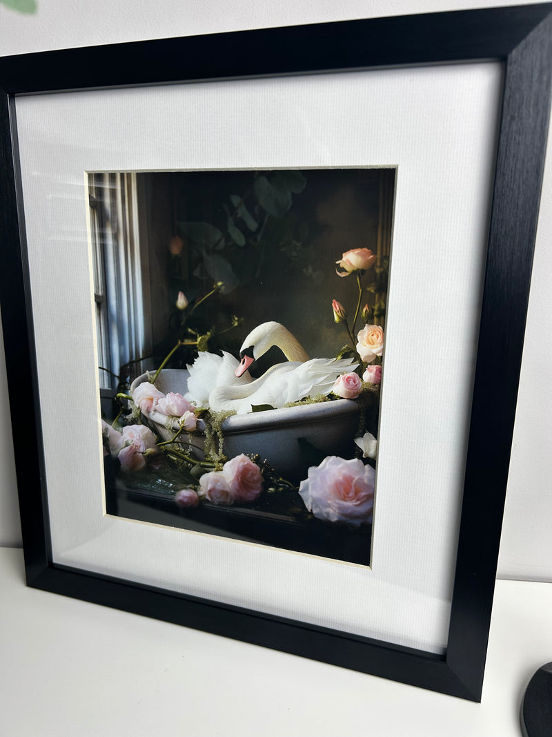 Bathroom joy swan framed print 30x34cm