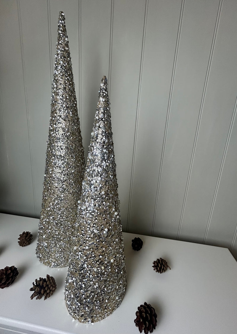 Set of two tall sequin gold cone trees
