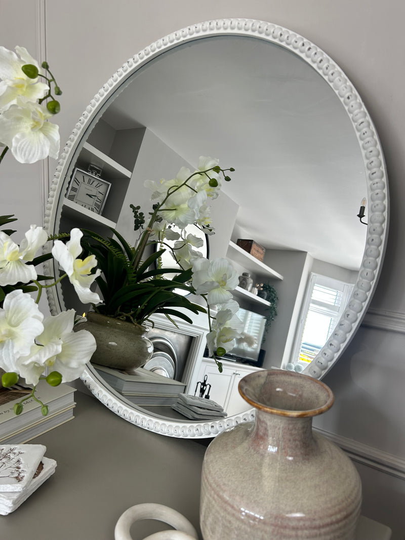 Washed wood round beaded frame mirror 76cm