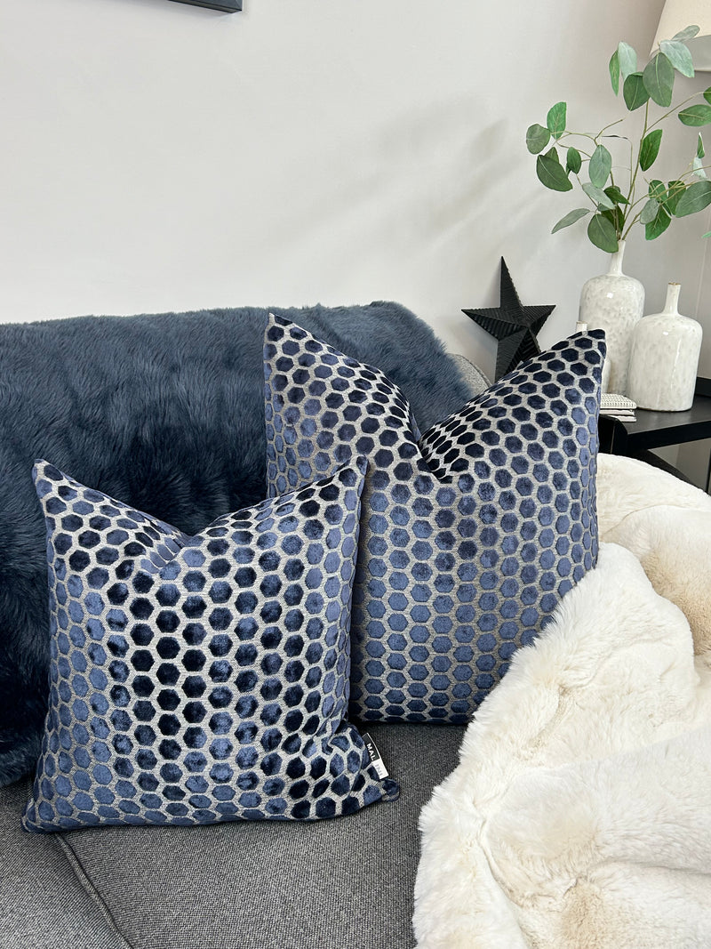 Navy Blue Jorvik Hexagon Velvet Cushion Two Sizes