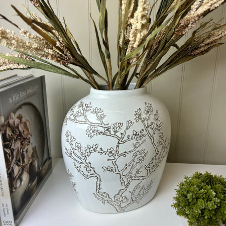 Ceramic white vase with blossom print brown