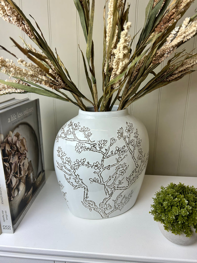 Ceramic white vase with blossom print brown