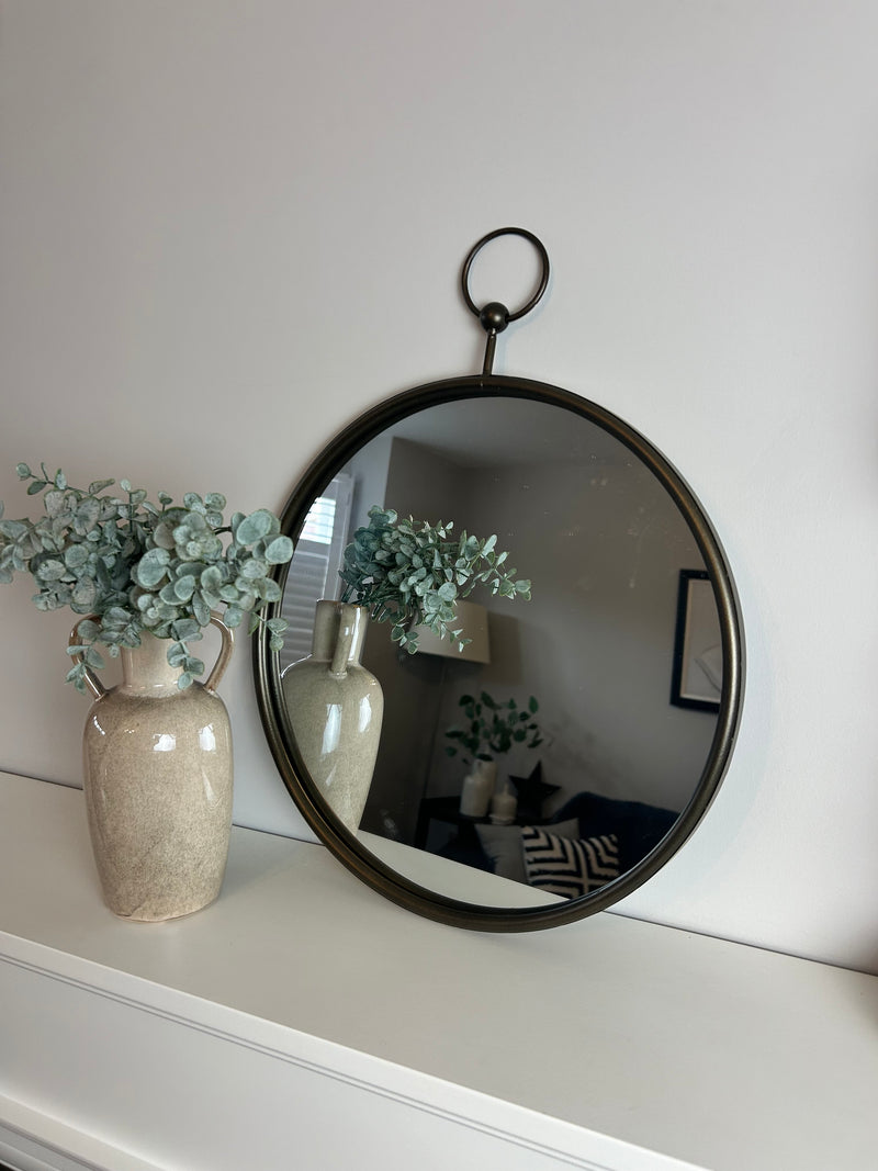 Large dark bronze round mirror with fob top