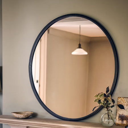 Antique dark brown round rim rib detail mirror 80cm