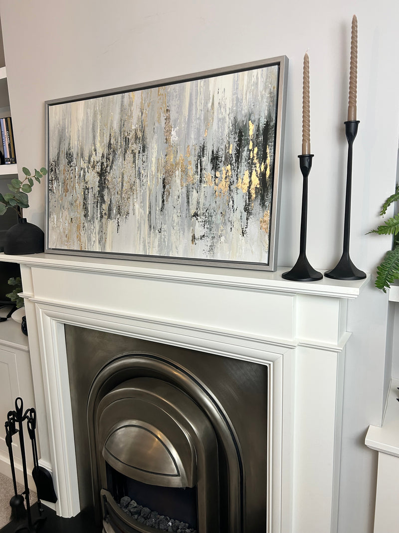 Dripping silver abstract framed canvas by Tom Reeves 60x96