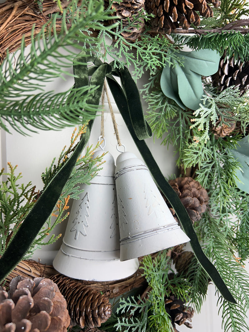 White metal hanging bell tree embossed 2 sizes