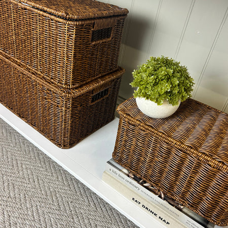 Dark Rattan Weave Lidded Basket Trunks, 3 sizes