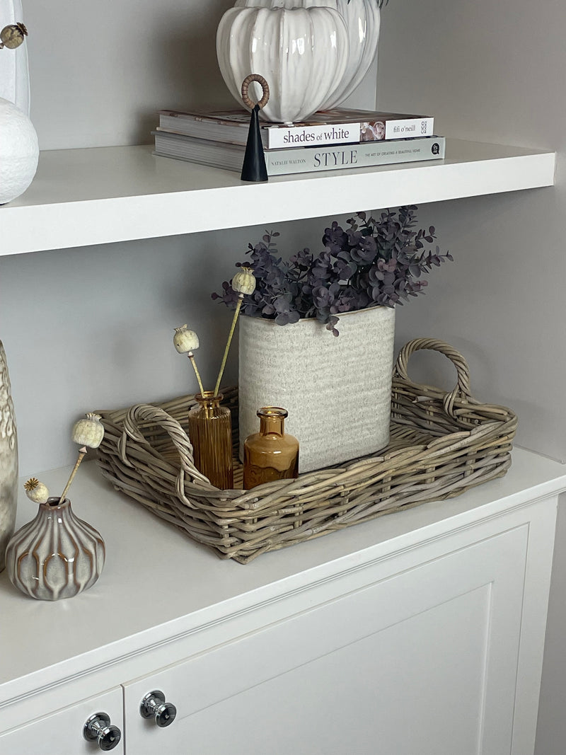 Oval ribbed slim neutral taupe vase