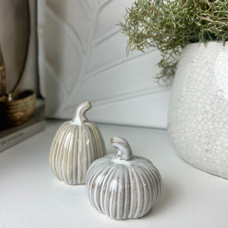 Set of two reactive glaze ribbed pumpkins