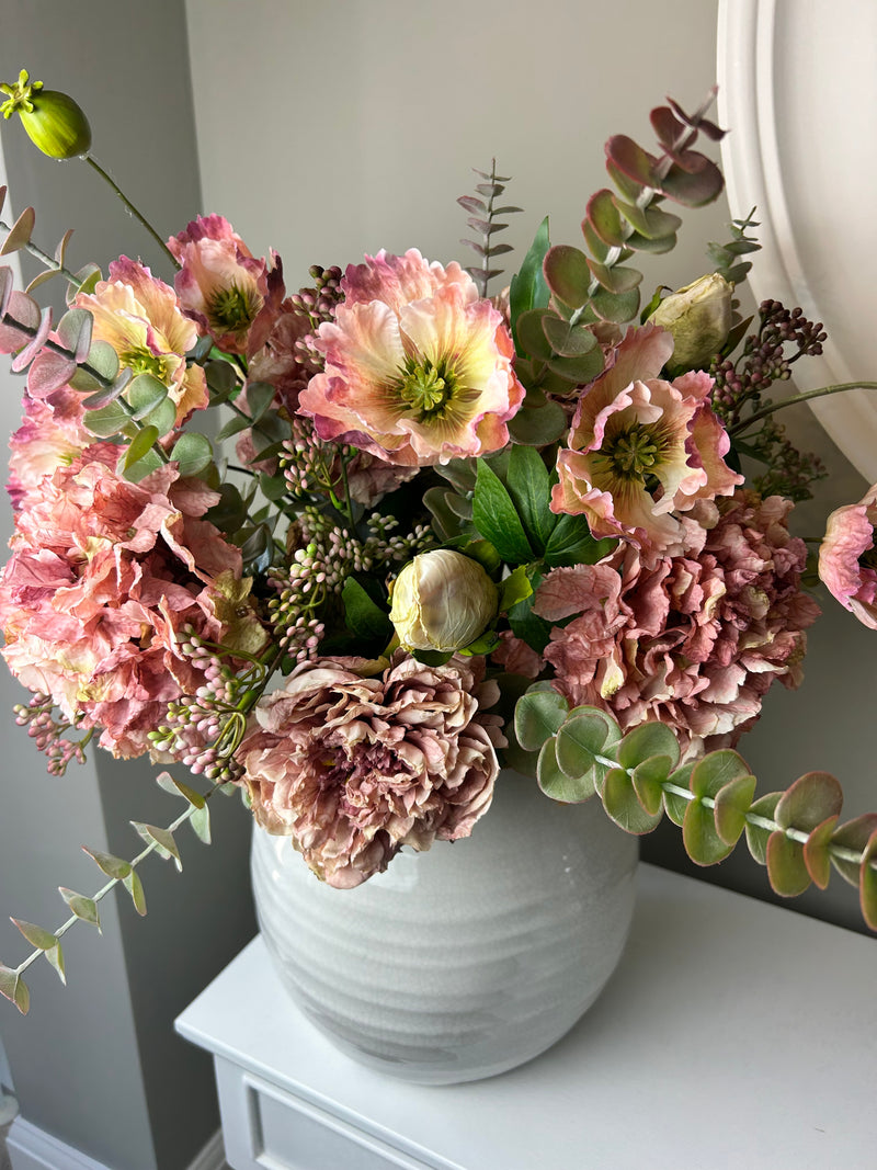 Arrangement 8 pink blush eucalyptus hydrangeas peony berry poppy