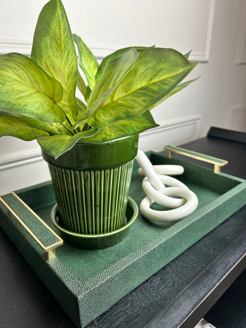 Green Faux Leather Litchi Tray With Handles