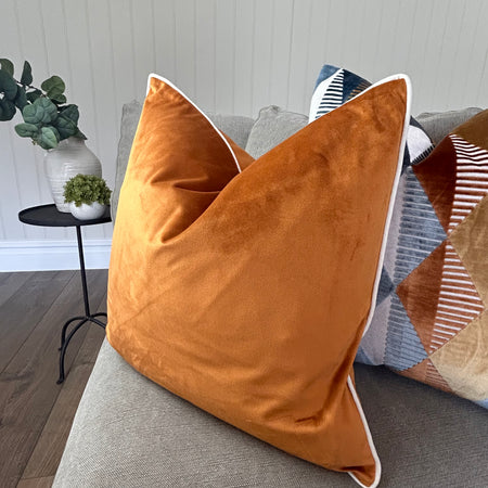 Burnt rust ginger Orange luxe cushion cream trim 45cm