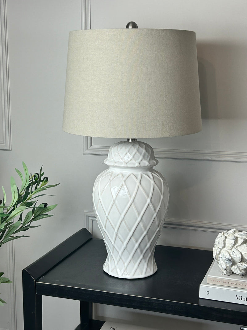 Ceramic base lattice grid lamp with linen shade