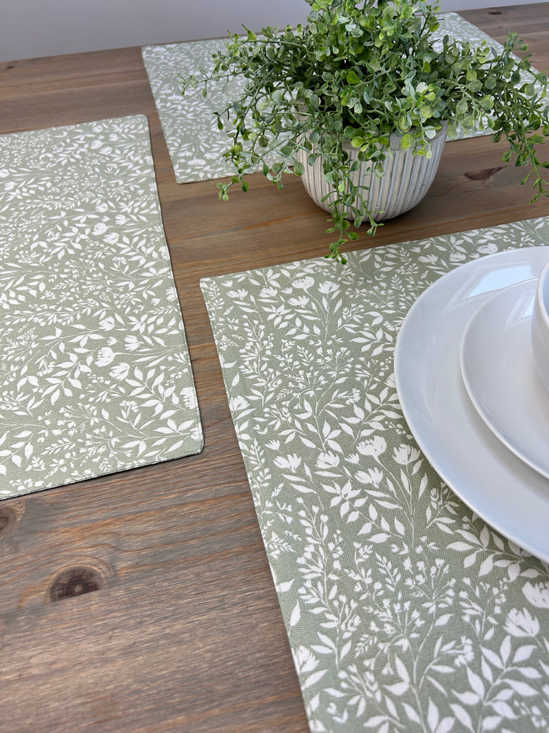 Set of 4 sage green floral cotton placemats and linen cotton napkins