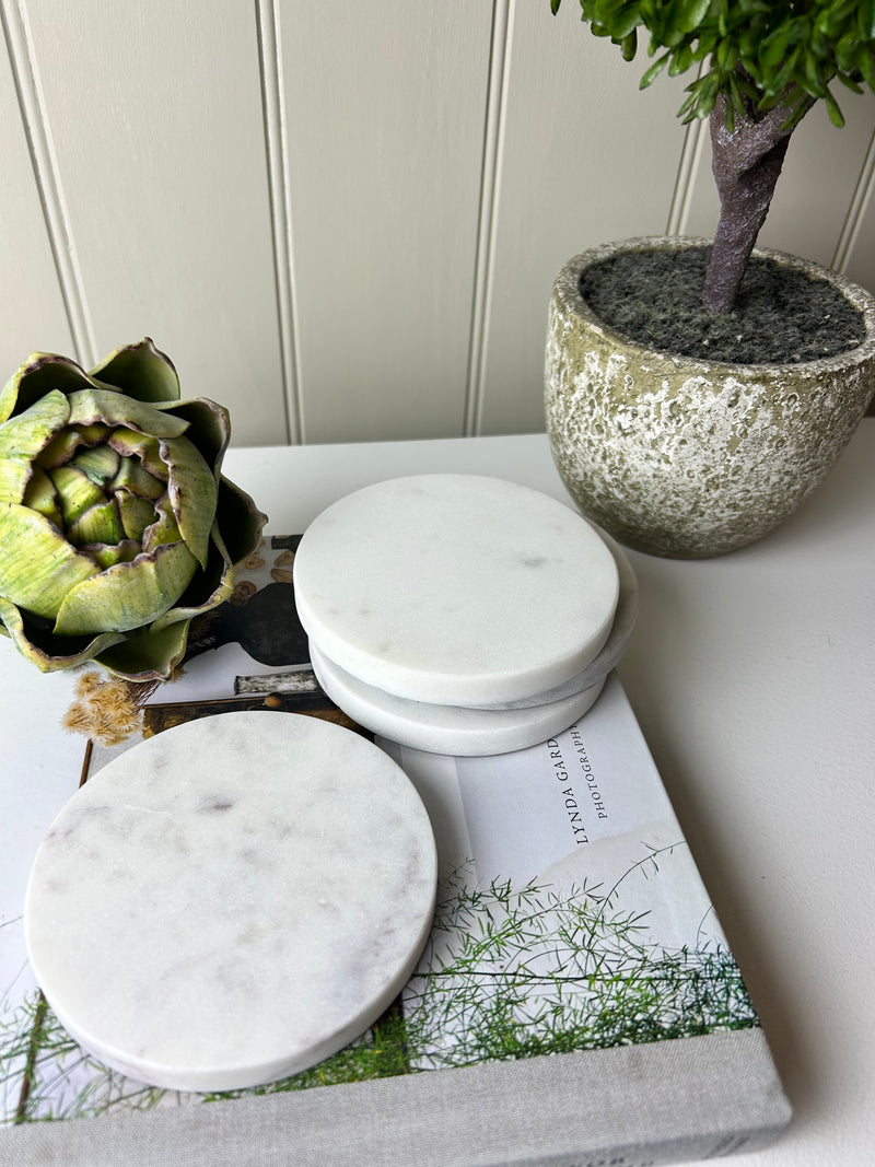 Round white solid marble coasters set of 4