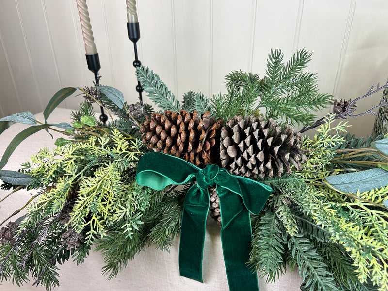 Pine mixed Foliage Bow Swag with green ribbon