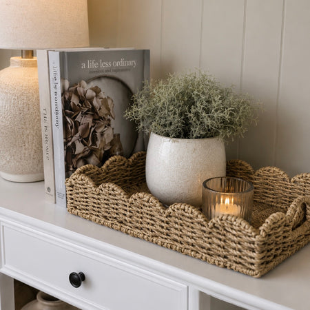 Scallop Edge Rattan Weave woven Basket Tray With Handles
