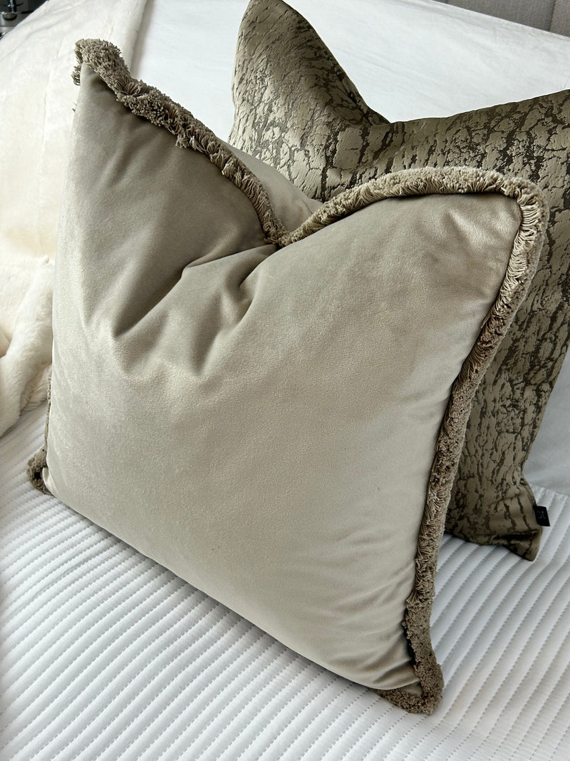 Freya taupe velvet fringed cushion