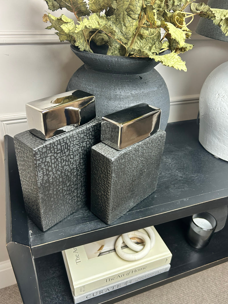 Black silver ceramic textured lidded ginger jars