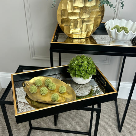 Black and gold leaf embossed tray side tables removable tray 2 sizes available