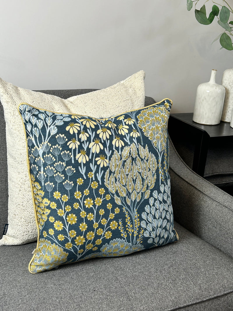 Ophelia Blue Ochre Floral Jacquard Print Cushion 50cm