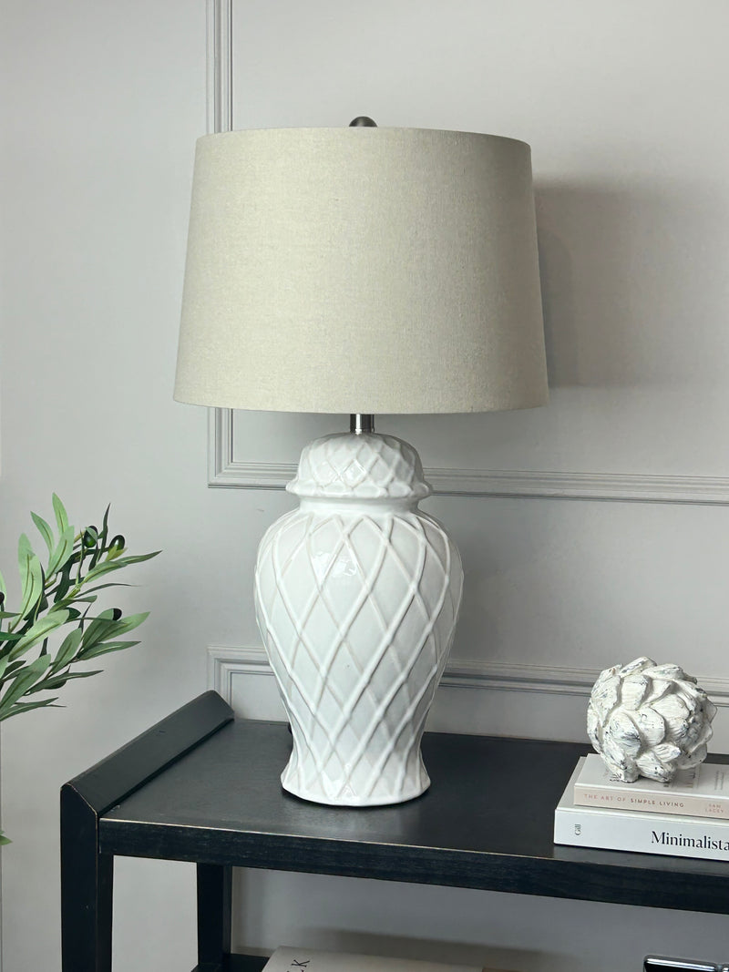 Ceramic base lattice grid lamp with linen shade
