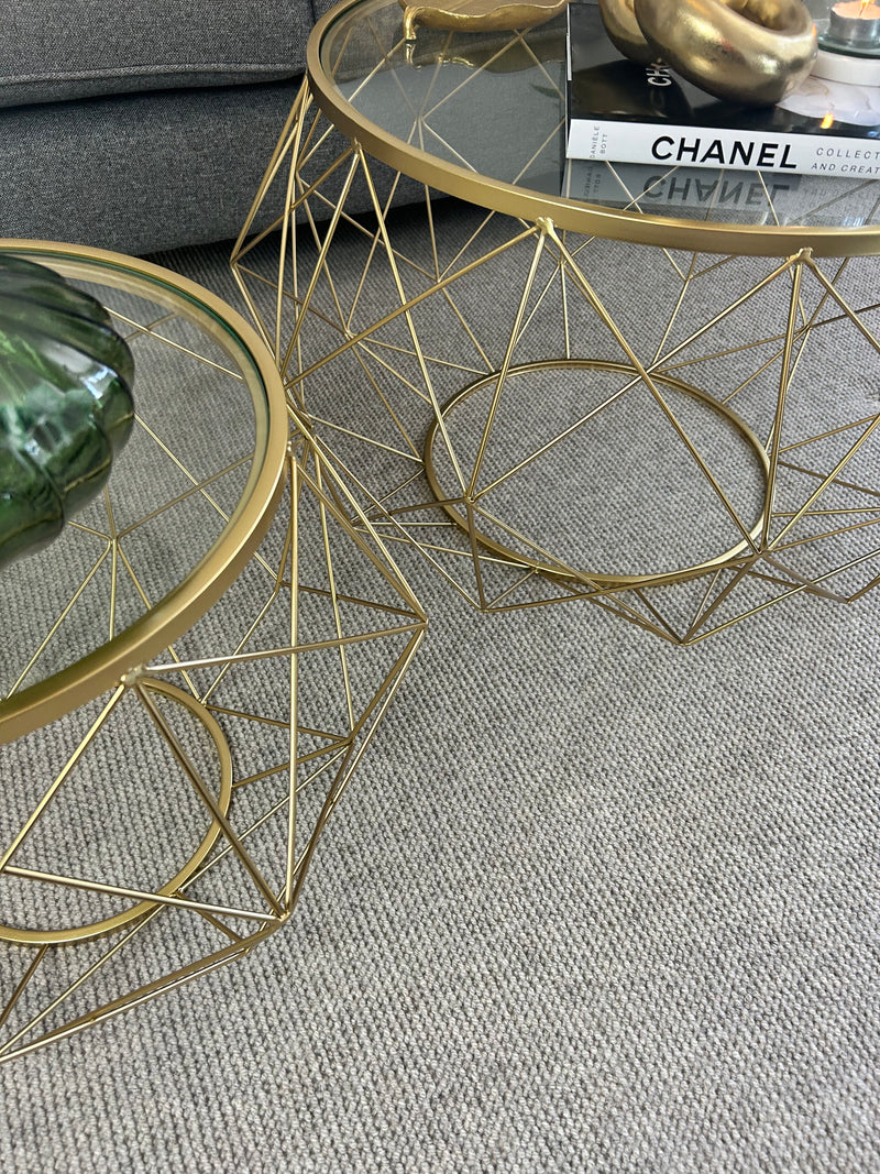 Set of two gold metal glass round coffee tables side table