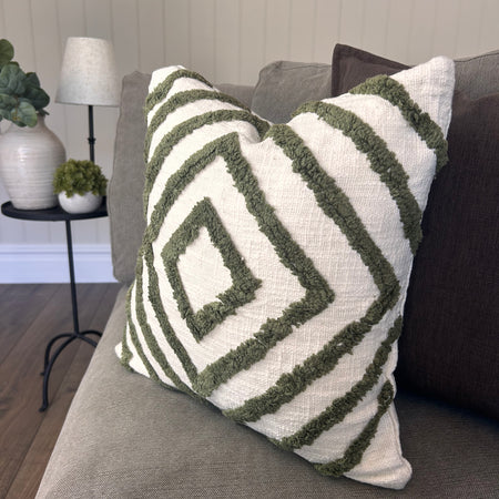 Mesa Olive green Tufted Geo Pattern Feather Filled Cushion 43cm