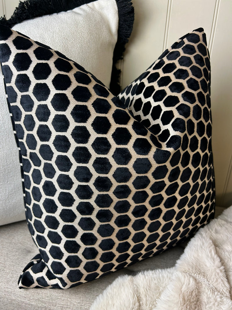 Black Natural printed textured Jorvik hex luxury cushion 43cm