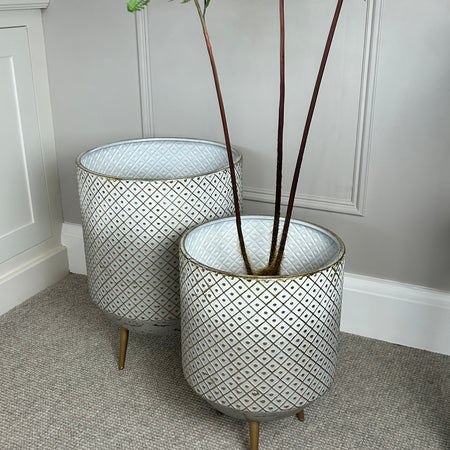 White and gold textured metal floor planter 2 sizes