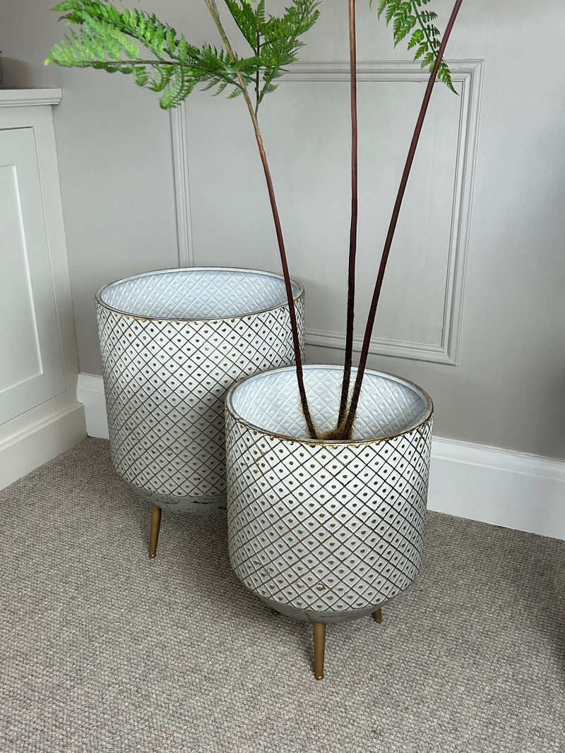 White and gold textured metal floor planter 2 sizes