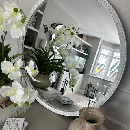 Washed wood round beaded frame mirror 76cm