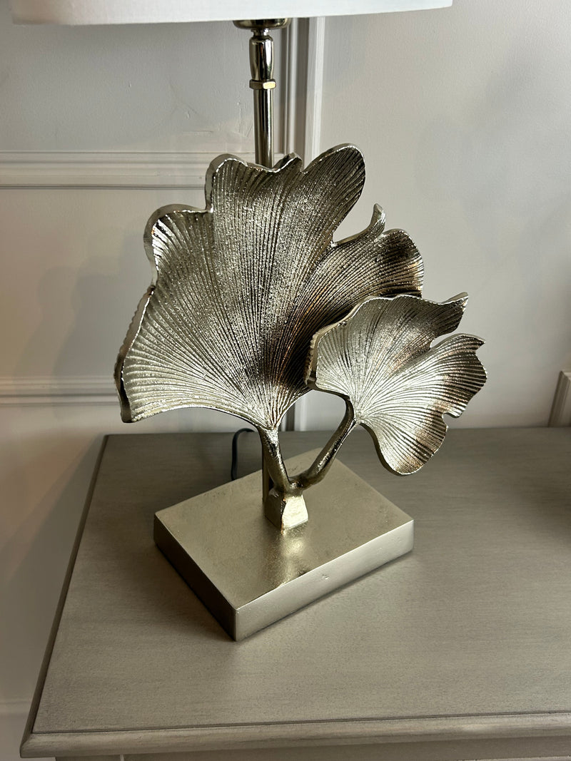 Gingko champagne leaf petal metal lamp with white oval shade