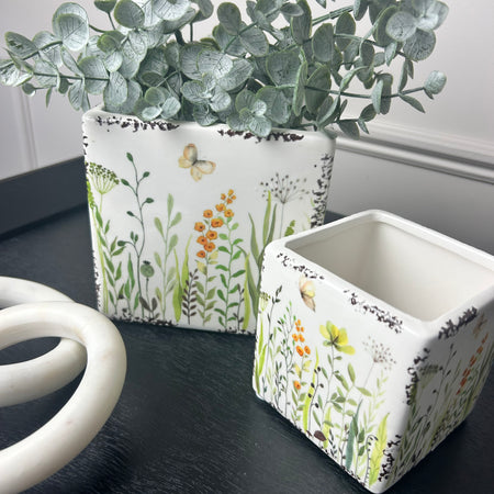 Square Ceramic Meadow Detail Planters, 2 Sizes