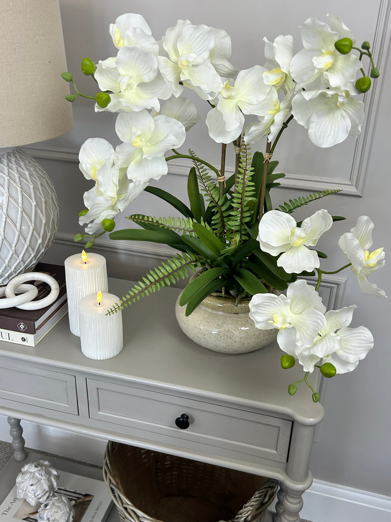 White vanda orchid in ceramic planter pot