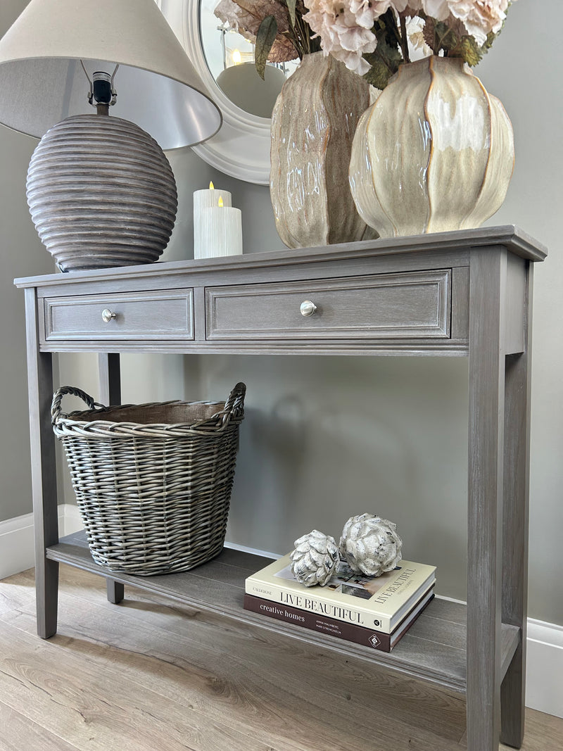 Washed wood 2 drawer console table with shelf