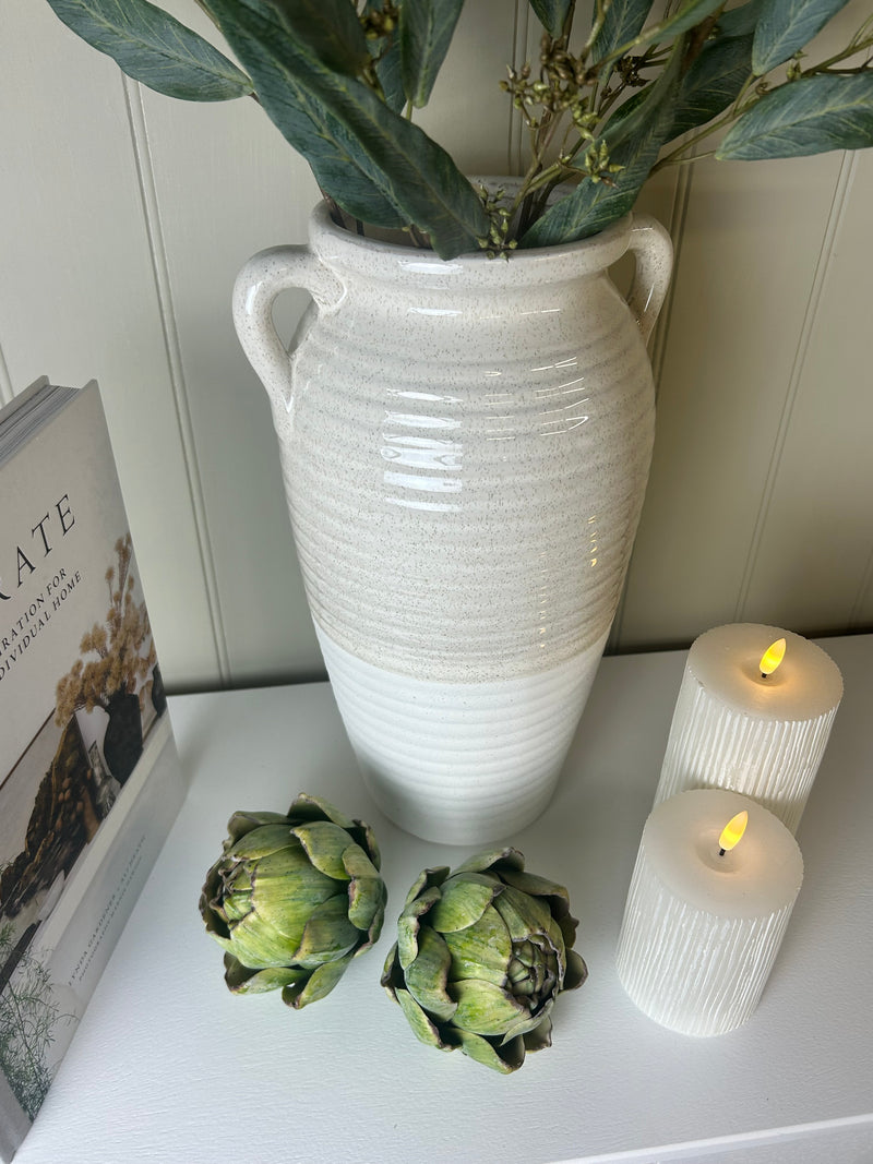 Two tone cream and white ribbed tall vase