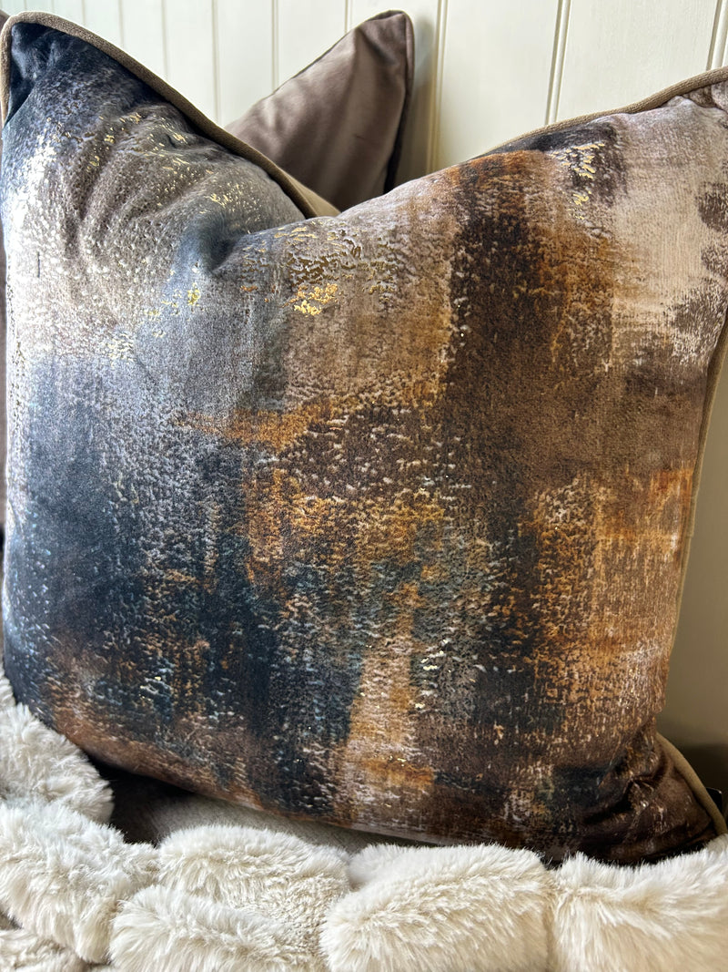 Paul Moneypenny Bronze brown navy Abstract Too Good Velvet Cushion 45cm