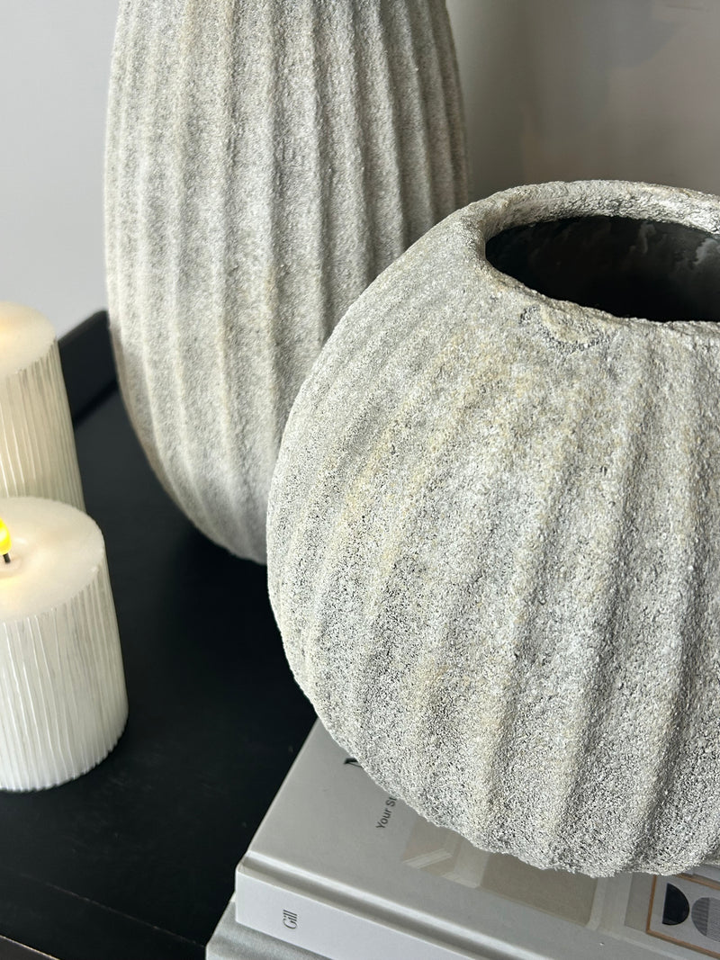 Stone ribbed vase rustic 2 sizes
