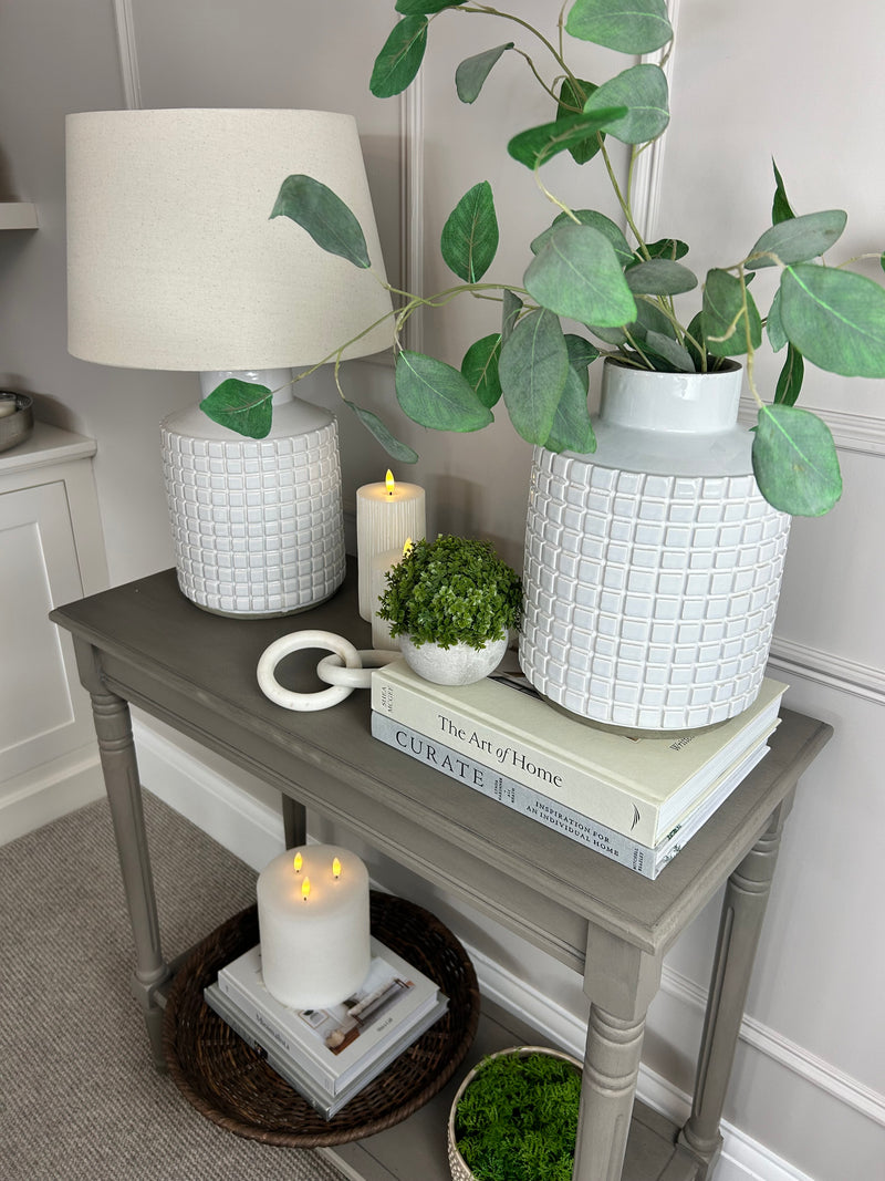 Stone grid print white lamp with linen shade