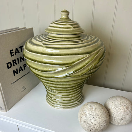 Ceramic green ripple ginger jar vase