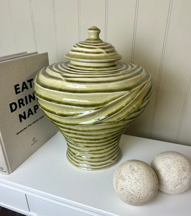 Ceramic green ripple ginger jar vase